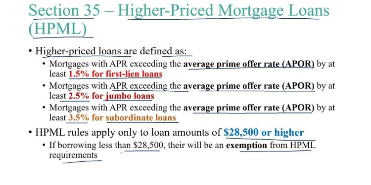 NMLS Exam – Section 35 of TILA: Higher Priced Mortgage Loans (HPML)